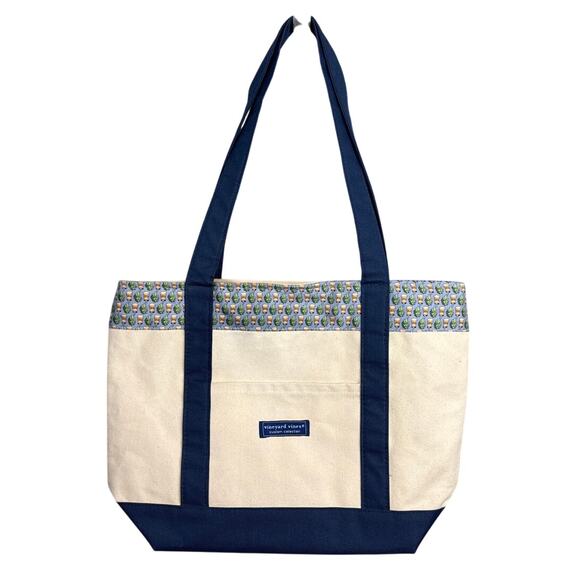 Vineyard Vines Canvas Tote Full Zip Closure Fully Lined Blue Cream 16x12x5 - Picture 1 of 9